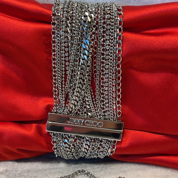 Jimmy Choo red satin clutch on the silver chain - Picture 3 of 16